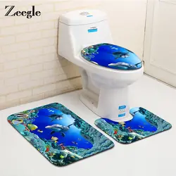 Zeegle Sea World печатных 3 шт. нескользящей коврики для ванной Ванная комната туалет ковры комплект коралловый флис Ванная комната коврики