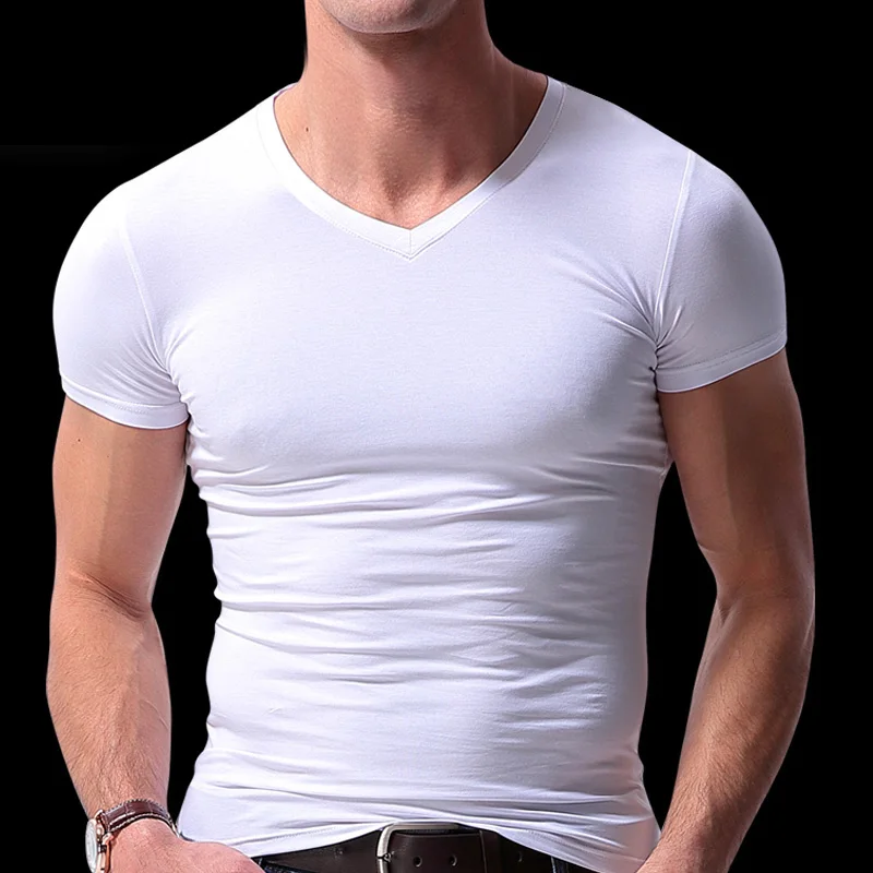 M-5XL 2 шт/партия Мужская футболка с v-образным вырезом плюс размер Мужская футболка эластичная футболка с коротким рукавом для стройных мужчин футболка Homme белый черный