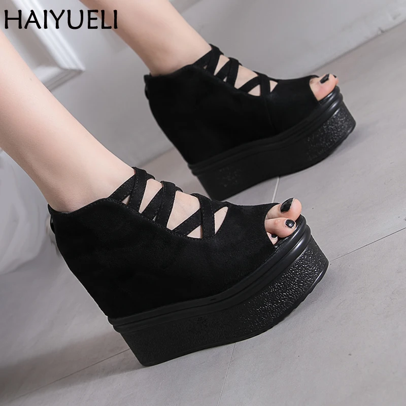 

14cm Heel Gladiator Sandals Fashion High Heels Platform Wedges Shoes Women Black High Heels Ladies Thick Bottom Wedges Sandals