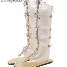 Vinapobo сапоги до колена обувь с пряжкой buckle Strap Flats открытые ботинки с ремешками в стиле «Гладиатор»; сезон лето; стразы; женские ботинки; стразы в богемном стиле пляжная обувь