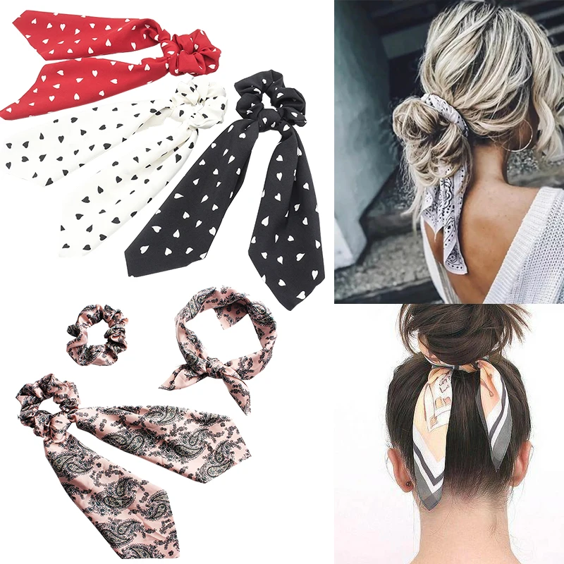 

Vintage Scrunchie Women Hair Ribbon Ladies Heart Print Headband Fashion Elastic Hair Band