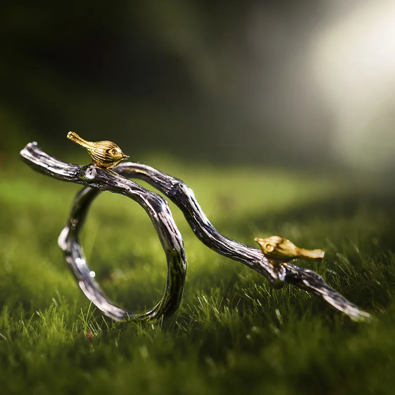 Lotus Fun реальные стерлингового серебра 925 природных ручной дизайнер ювелирных украшений Регулируемый кольцо птица On филиал кольца для женщин Bijoux - Цвет камня: Antique Silver