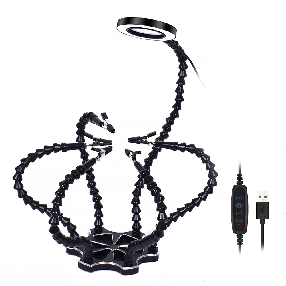 

GEYOTAR Multi Soldering Helping Hand Third Hand Tool With LED 3X Magnifying Glass 6 pcs Flexible Arms Welding Repair Tool