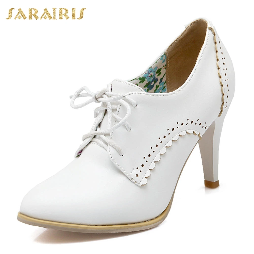 SARAIRIS/Новинка, большие размеры 33-43, лидер продаж, женские туфли на шнуровке с острым носком, Прямая поставка женские туфли-лодочки женские вечерние туфли - Цвет: Белый