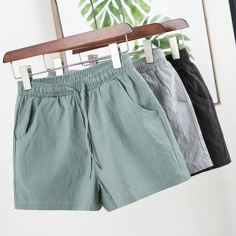 

Summer Cotton and Linen Shorts Women Black Gray Green Wide Leg Short Pants With Pockets Lace-up Elastic Waist Shorts 2019 New
