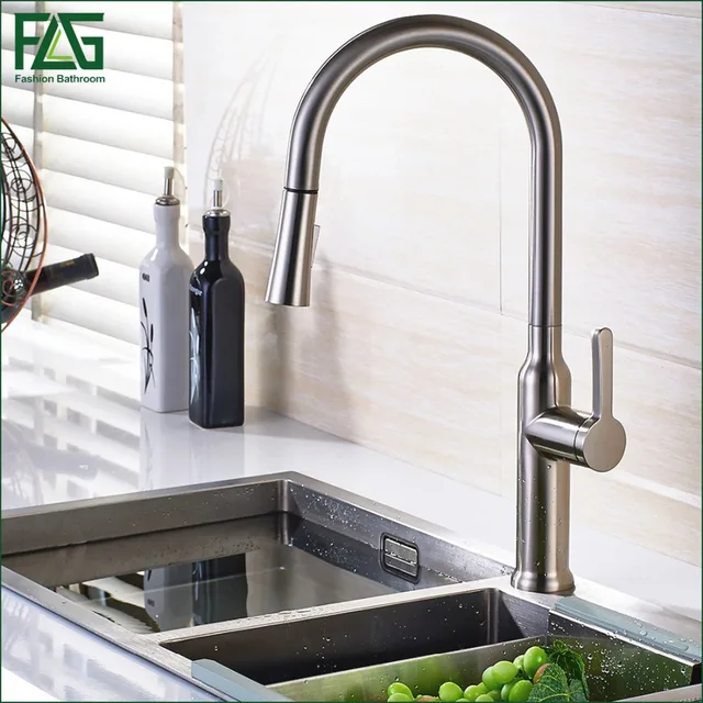 Best Quality FLG Pull Out Kitchen Faucet Polished Nickel Finish All Around Rotate Swivel 2-Function Water Outlet Deck Mounted Sink Taps C046N