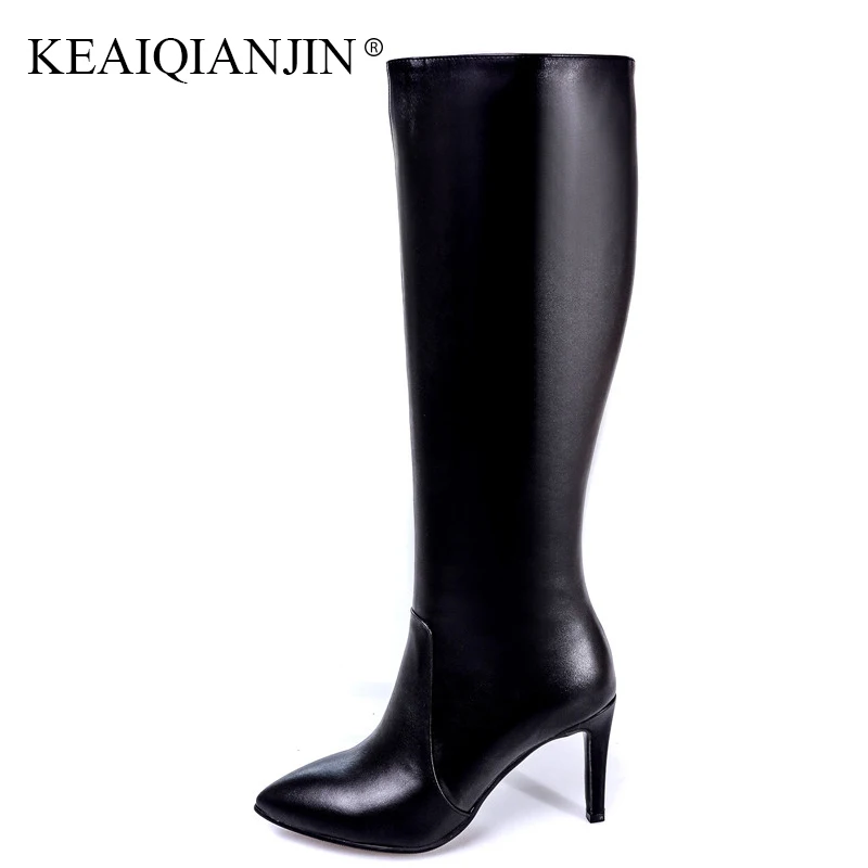 

KEAIQIANJIN Winter High Heeled Knee High Boots Black Zipper Woman Shoes Plus Size 33 41 Genuine Leather Chelsea Knee High Boots