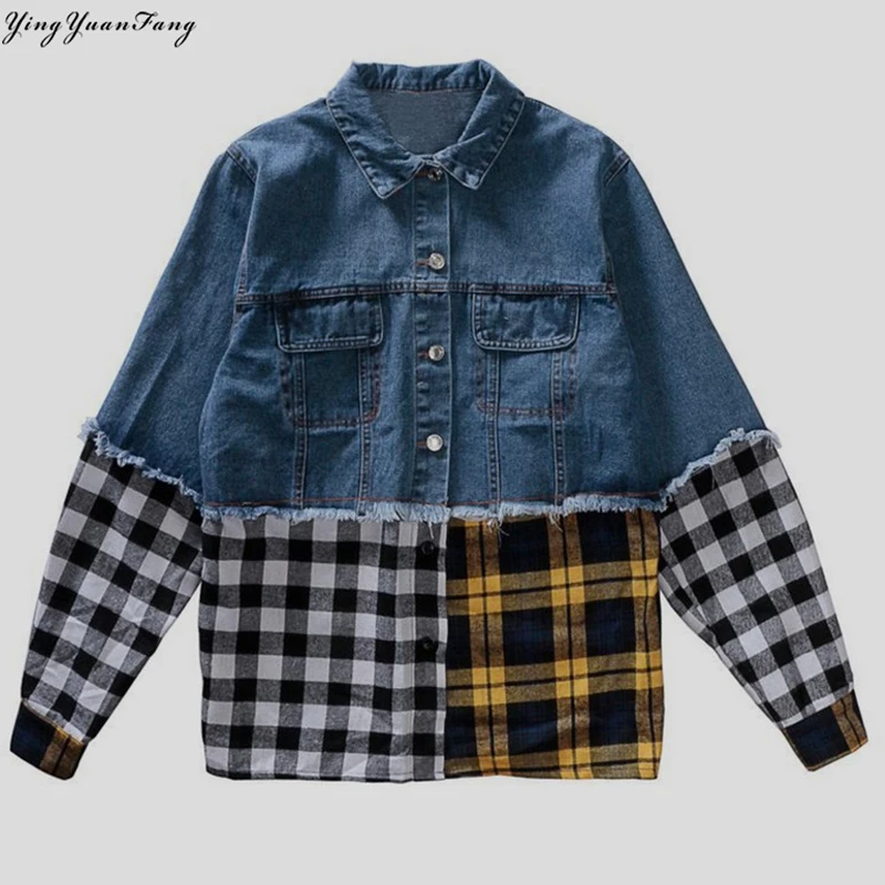 

YingYuanFang Retro plaid edging long-sleeved denim jacket pocket