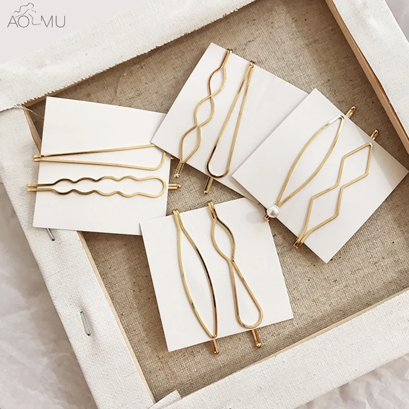 

AOMU 2pcs/set Design Irregular Hollow Metal Gold Wave Pearl Hair Clip Hair Accessories for Women Girl Hairpin Barrettes Hairgrip