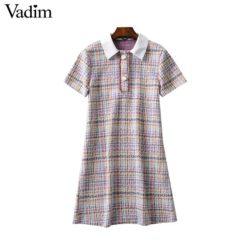 

Vadim women elegant tweed mini dress peter pan collar short sleeve buttons female office wear chic dresses vestidos QC479