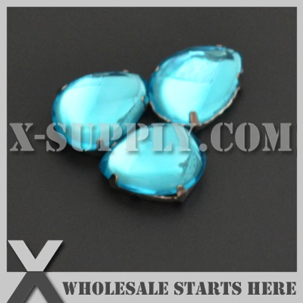 

10x14mm Mounted Tear Drop Cabochon #25 Turquoise Acrylic Rhinestone Gems in Silver Nickel Sew on Setting for Shoe,Garment