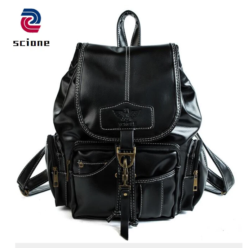 

Vintage Soft Leather Women Backpack For Teenage Girls Brown Black School Bag Fashion England Style Backpacks Drawstring Bag Pack