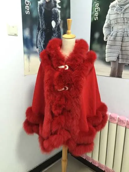 Двойной витой бренд Fox Fur Trim кашемировое пончо для леди