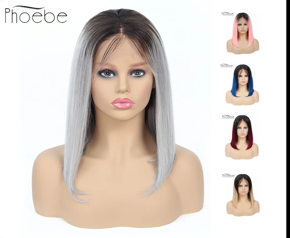 

Phoebe 1B-Grey Pink Blue 1B/27 99J Bob Lace Front Human Hair Wigs Ombre Short Human Hair Wigs with Baby Hair Brazilian Remy Wigs