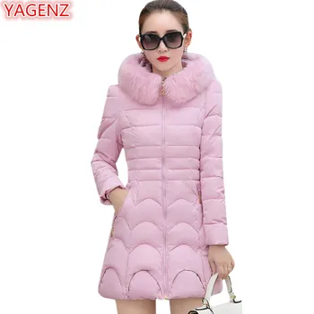 

YAGENZ Winter Cotton Jackets Women Tops Long section Wild Plus size Female Parkas Coats Solid color Fur collar Hooded Jacket 968