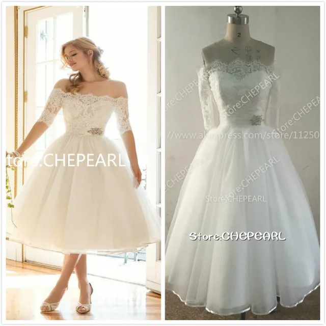 boat neck tea length wedding dress