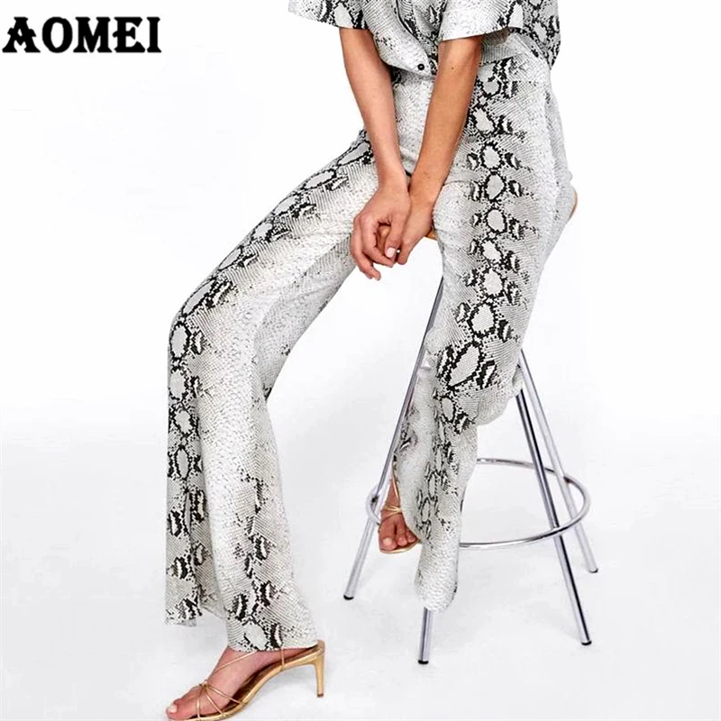 Women Flare Pants Snake Skin Print Wide Leg Trousers Loose Retro Fall Elegant Modest Palazzo Vacation Pantalones Spring Clothing | Женская