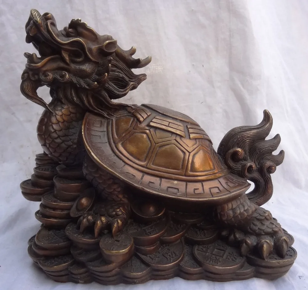 

11" Chinese Bronze Animals YuanBao Wealth Coin Longevity Dragon Turtle Statue