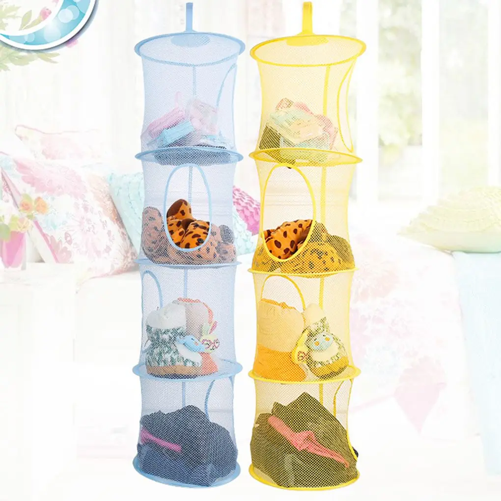 Brand New Mesh Hanging Storage Organizer 4 Compartments Folding Toy Clothing Bag Clothes Dryer Net Basket Hanging Organizer