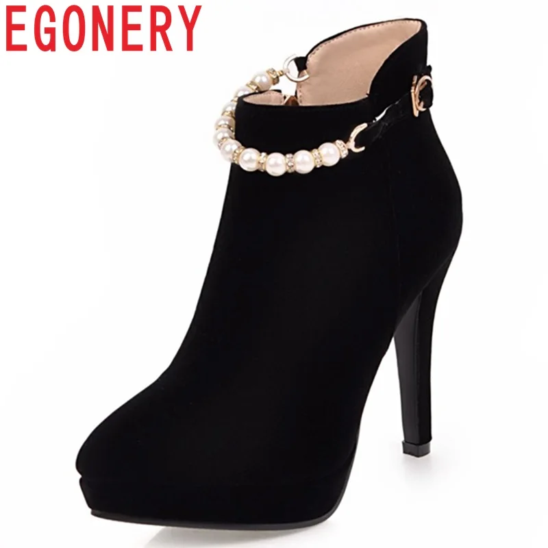 

EGONERY new fashion sexy flock super high thin heels platform zipper pointed toe outside winter warm string bead party booties