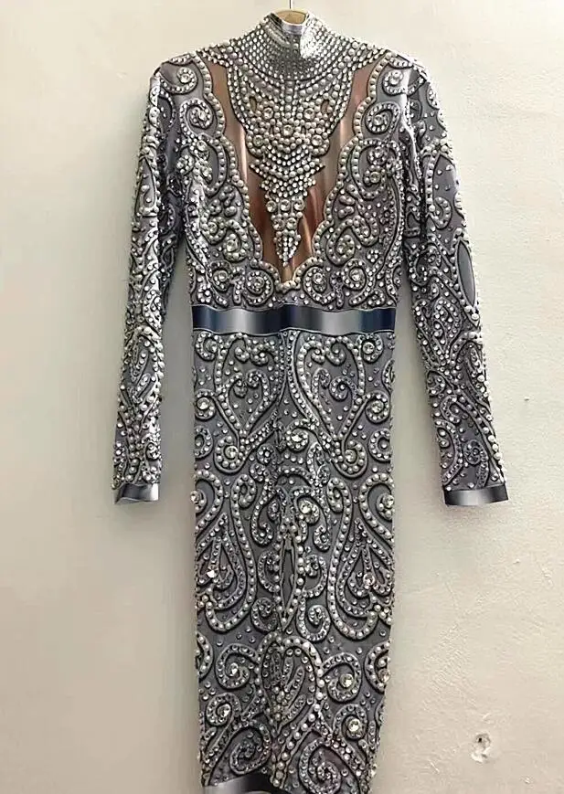 Fashion Gray Silver Rhinestones Jumpsuit long Sleeves Stretch Sexy Bodysuit Stage Performance Party Celebrate Nightlcub outfit 