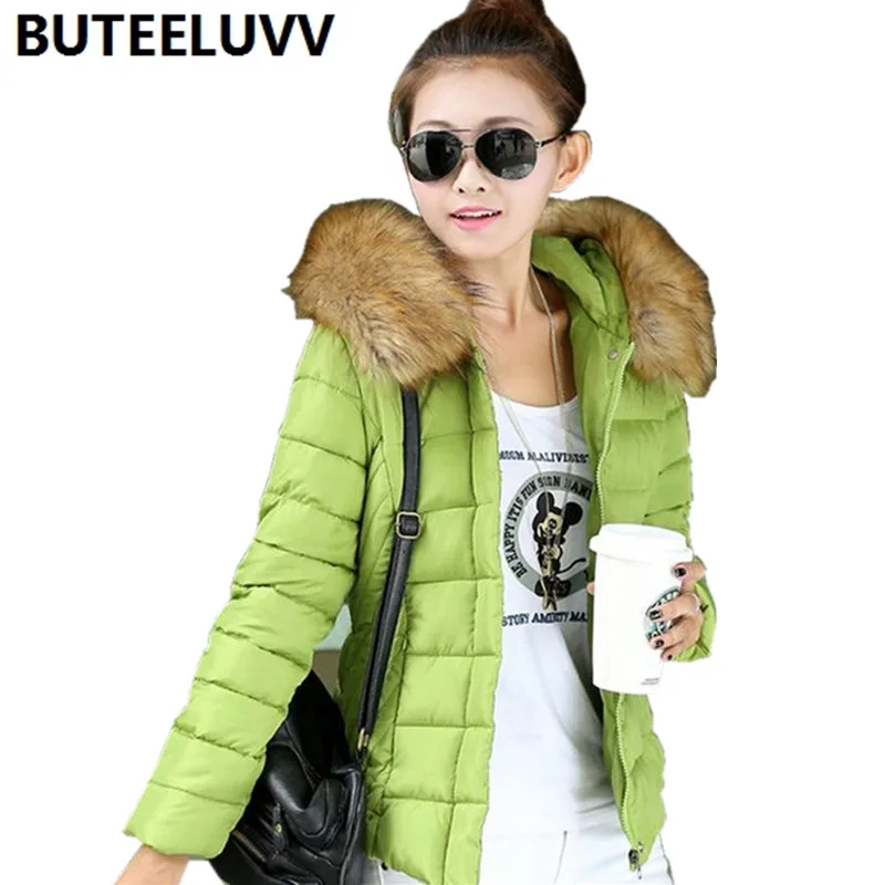 Short Women s Down Coat Fur Collar Hooded Winter Jacket Warm Keep Outerwear Cotton Padded Coat