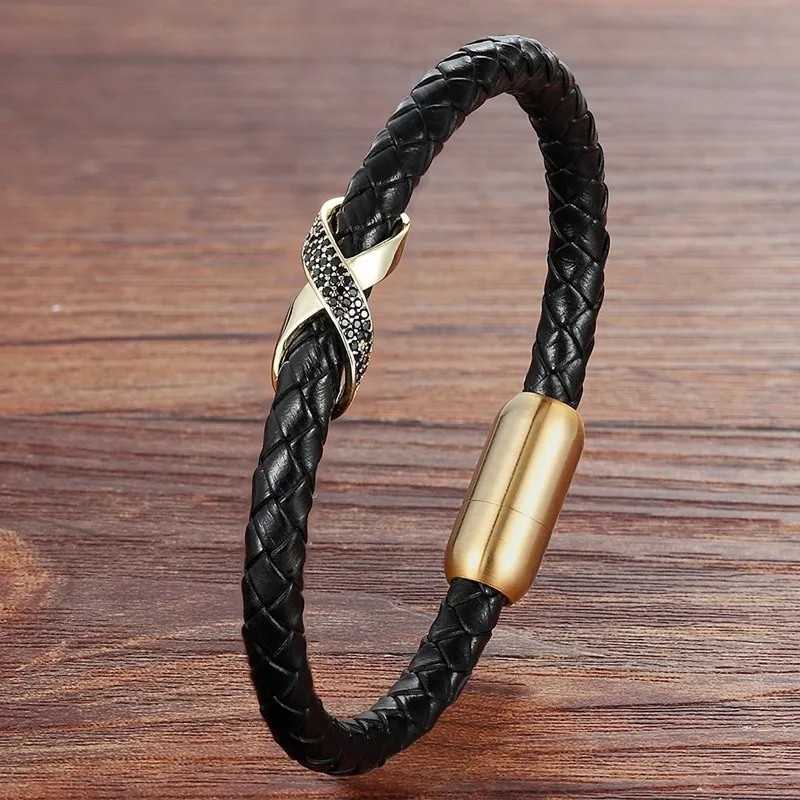 XQNI “X” Design with Magnet Clasp Cubic Zircon 4 Colors Genuine Leather Bracelets for Male Women Luxury Jewelry Birthday Gift
