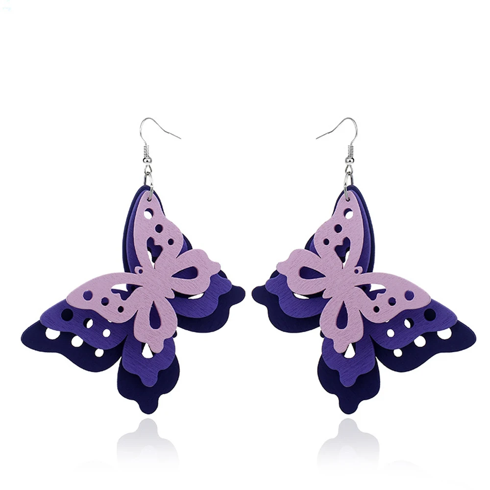 

Romantic Colorful Hollow Butterfly Dangle Earrings For Women Bohemia Style High Quality Multilayer Wood Drop Earrings Ear Drops