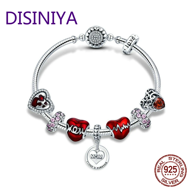 

DISINIYA 925 Sterling Silver Romantic Heart Love MOM Forever Pendant Mother Gift Bracelets Bangles for Women Silver Jewelry SCB8