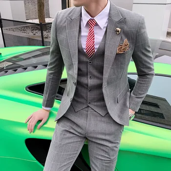 

(jacket + waistcoat + trousers) men's new spring/summer thin suit suit men's plaid fashion business casual suit three-piece suit