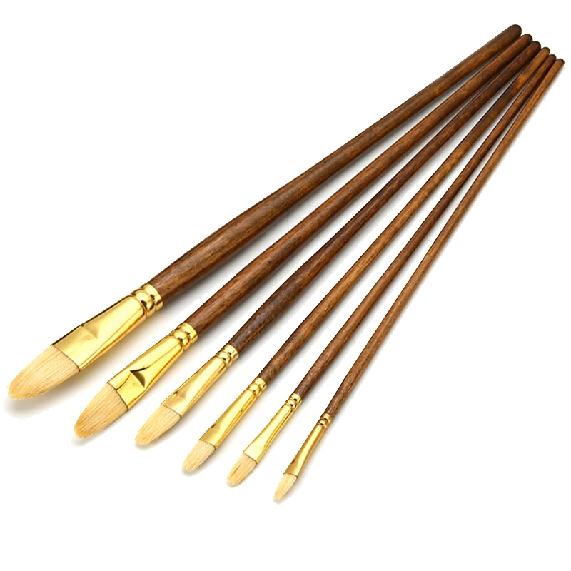 6pcs/set Paintbrush Bristle Hog Hair Wooden Handle Painting Tool Artist