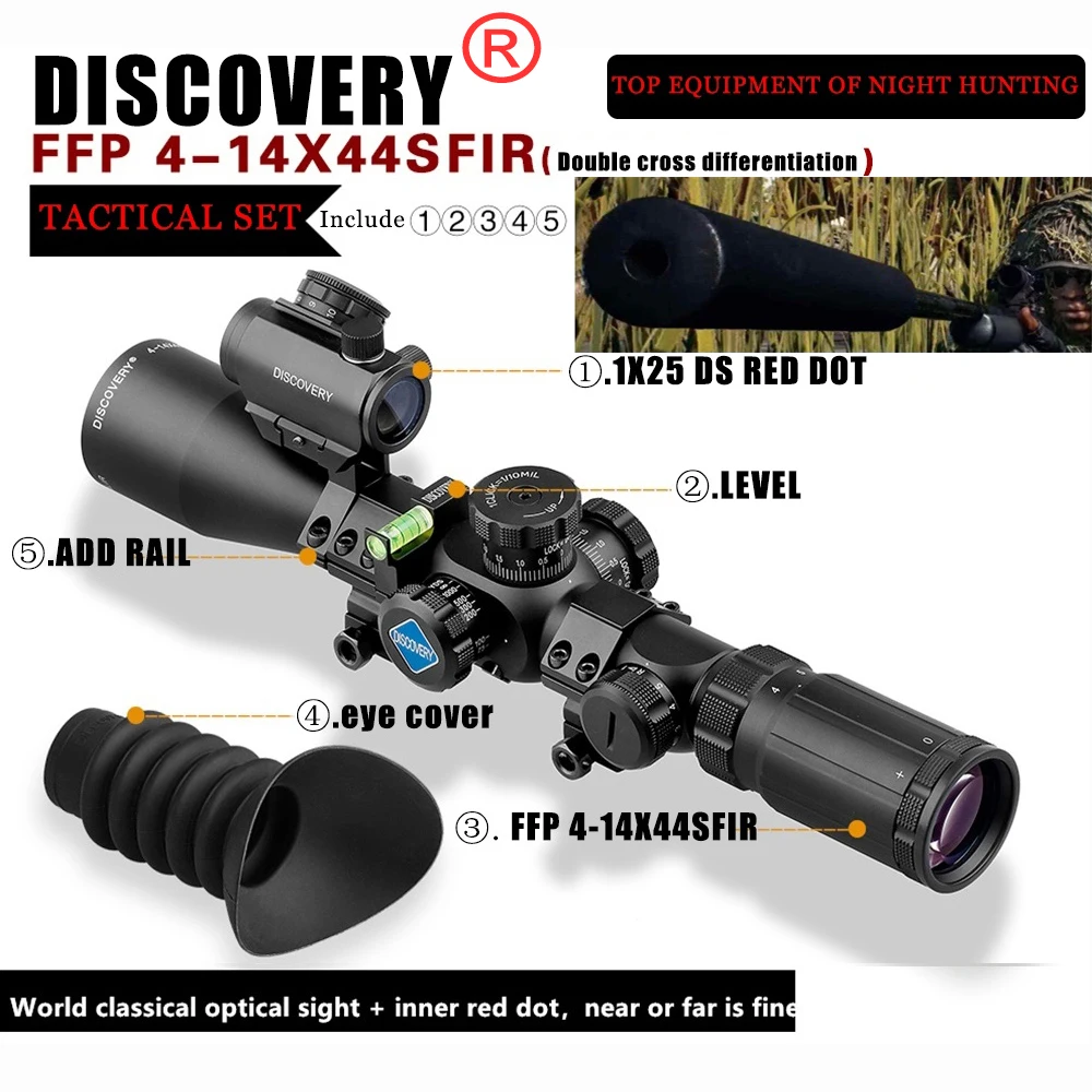 

Brand Discovery FFP 4-14X44SFIR riflescopes Optical Sight and 1X25 red dot For Hunting Collimator Sight Aim Scope night hunting