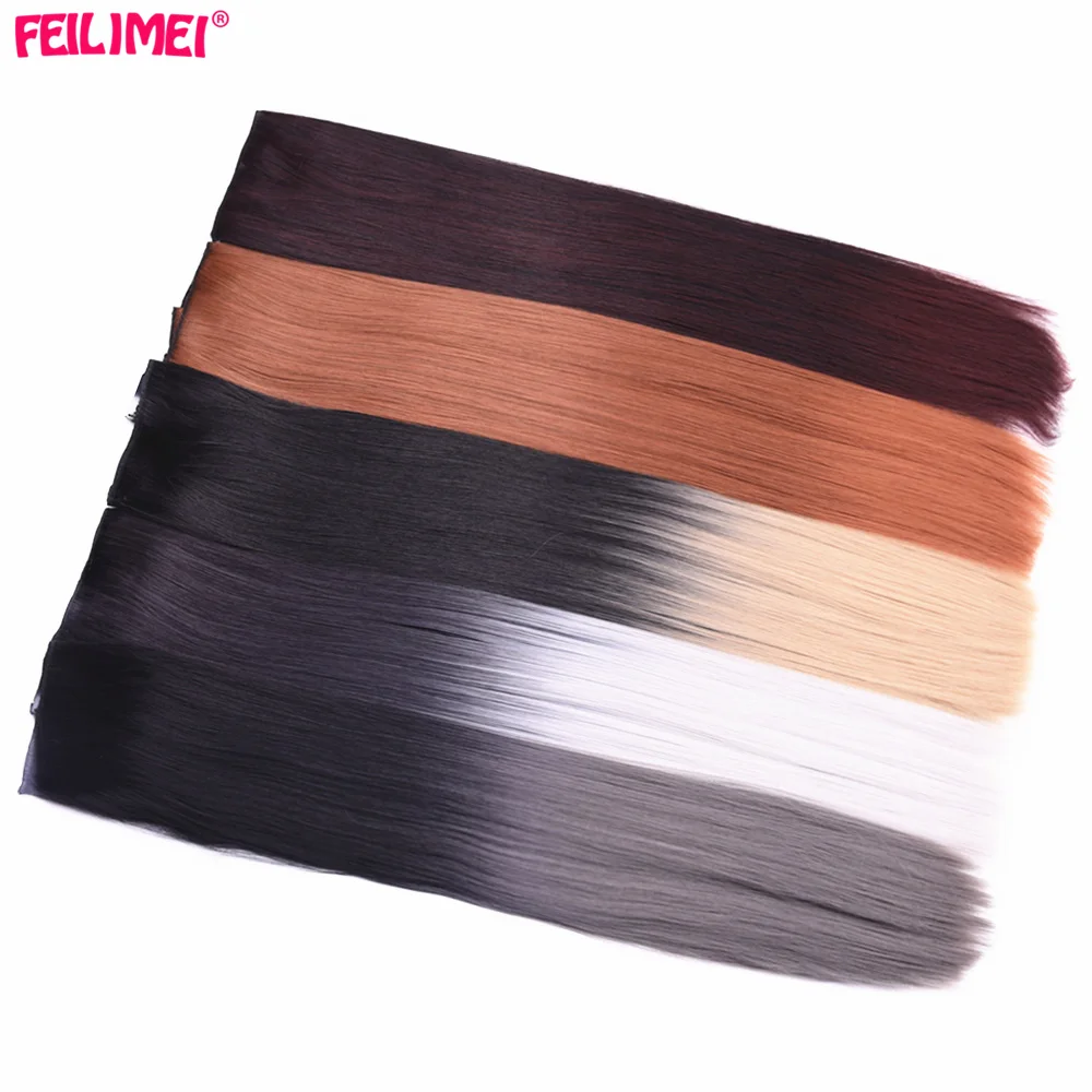 Feilimei 60 см 120 г Длинные прямые Для женщин Зажим в синтетических выдвижениях волос черный Ombre серый высоких температур Волокно Синтетические волосы штук