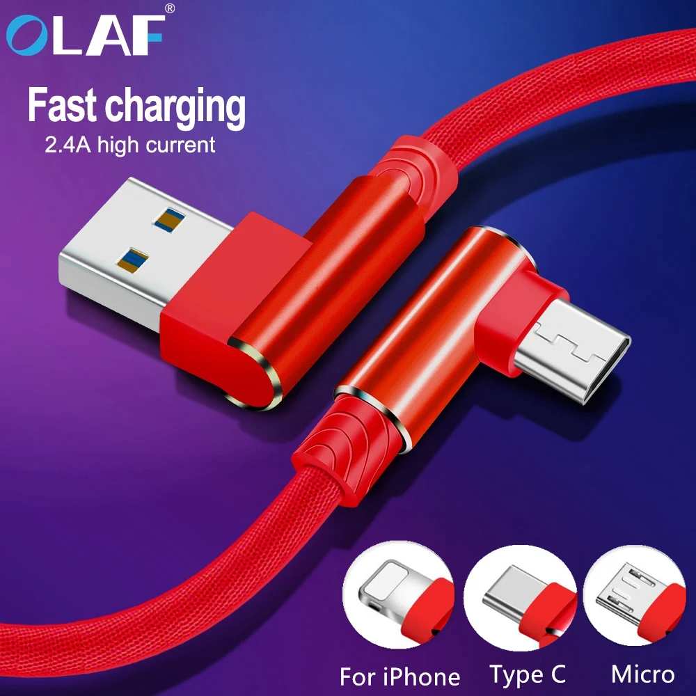 أولاف 90 درجة كابل يو اس بي ل فون Xs 2.4A سريع تهمة بيانات الحبل المصغّر usb نوع C كابل لسامسونج S9 S8 الهاتف المحمول الكابلات