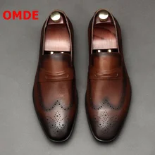 OMDE Brogue Carved Soft Leather Shoes Men Loafers Handmade Slip On Casual Mens Shoes Brown Coloring Process Men's Flats Slippers