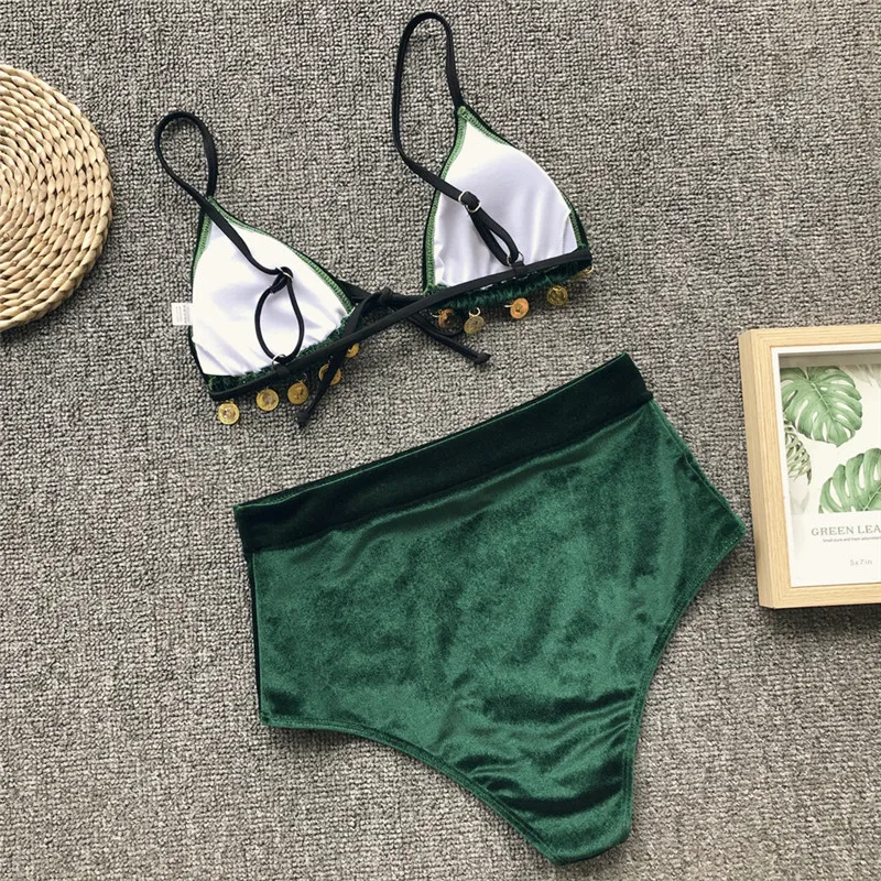 Бархатные бикини mujer зеленый купальный костюм для женщин треугольник сексуальный купальник пуш-ап высокая талия купальный костюм микро лето
