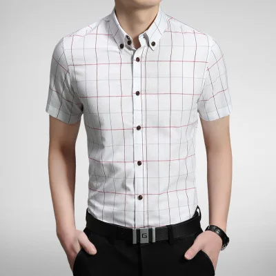 Новое поступление, летняя Клетчатая Мужская рубашка с коротким рукавом, Повседневная хлопковая рубашка на пуговицах, мужская рубашка - Цвет: White