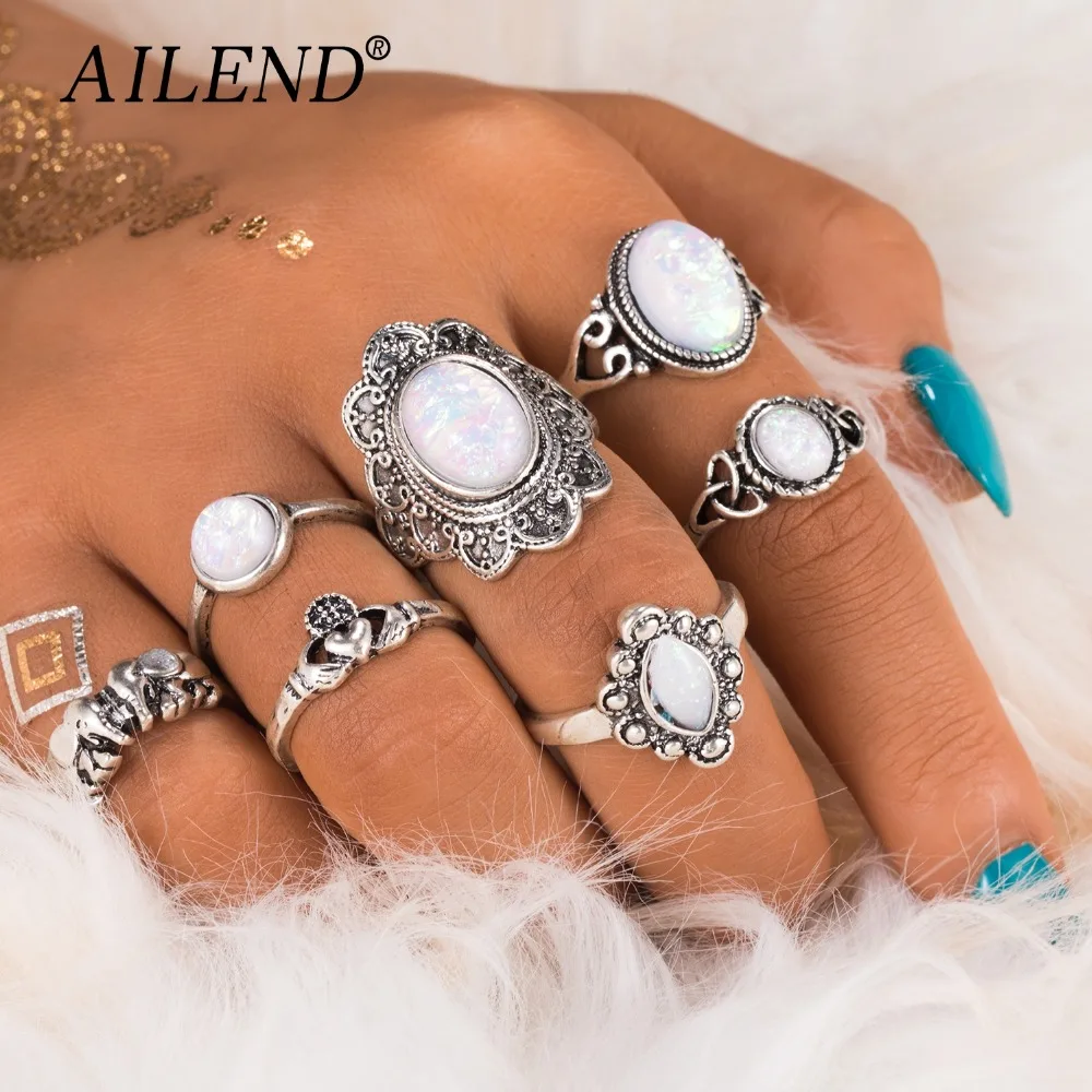 

AILEND Vintage Boho flower Opal rings for women large geometric pattern Knuckle rings Set jewelry Bohemian party gift 7pcs / set