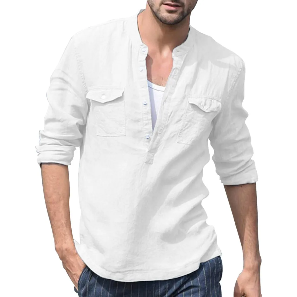 Рубашка мужская, мешковатая, хлопок, лен, карман, одноцветная, длинный рукав, уличная одежда, Рубашки, Топы, свободная, Мужская одежда, новая, осенняя мода c0520 - Цвет: White