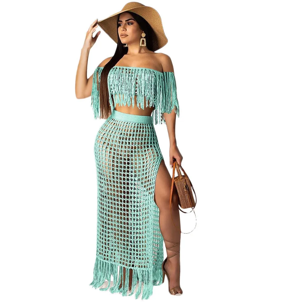 Slash Neck Knit 2 Piece Set Women Tassels Two Crop Top And Skirt Short Sexy Crochet Beach Wear Summer Outfit | Женская одежда