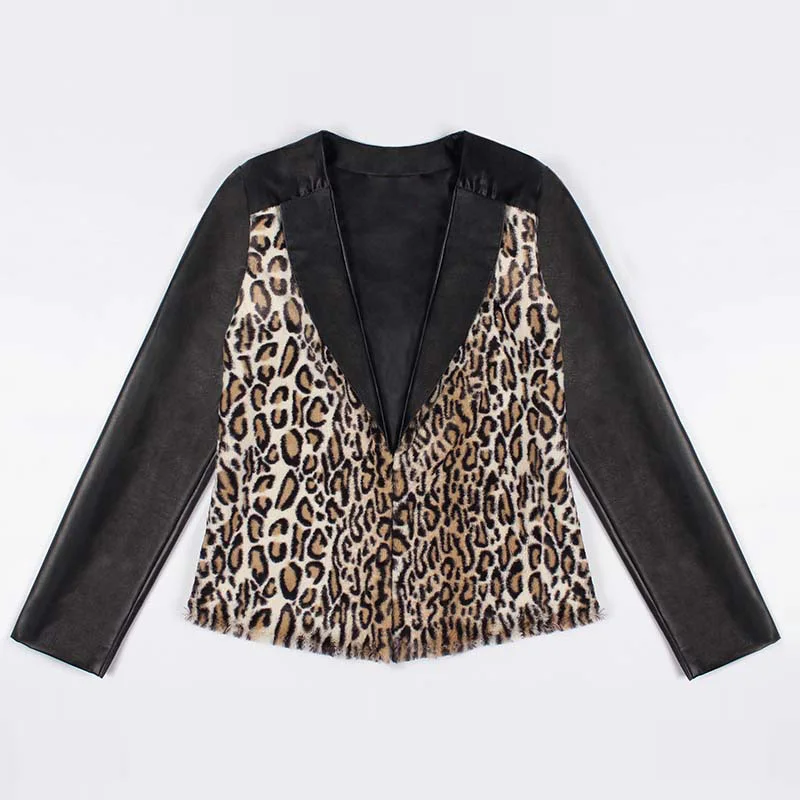 Осенне-зимнее женское пальто леопардовая расцветка искусственный мех из искусственной кожи лоскутные куртки с длинным рукавом короткая тонкая верхняя одежда размера плюс 3X