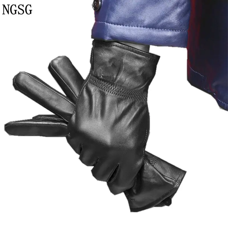 

NGSG Men Real Sheepskin Gloves Black Ladies Women Simple Touch Screen Genuine Leather Plush Fur Gloves Lovers Spring Autumn