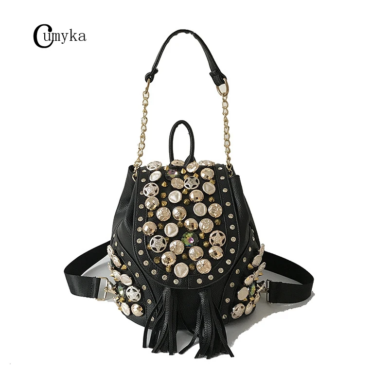

CUMYKA Rivet Button Fashion Backpack Women Rock Style Chain Diagonal Crossbody New Bucket String Pearl Shoulder Bag Backpack