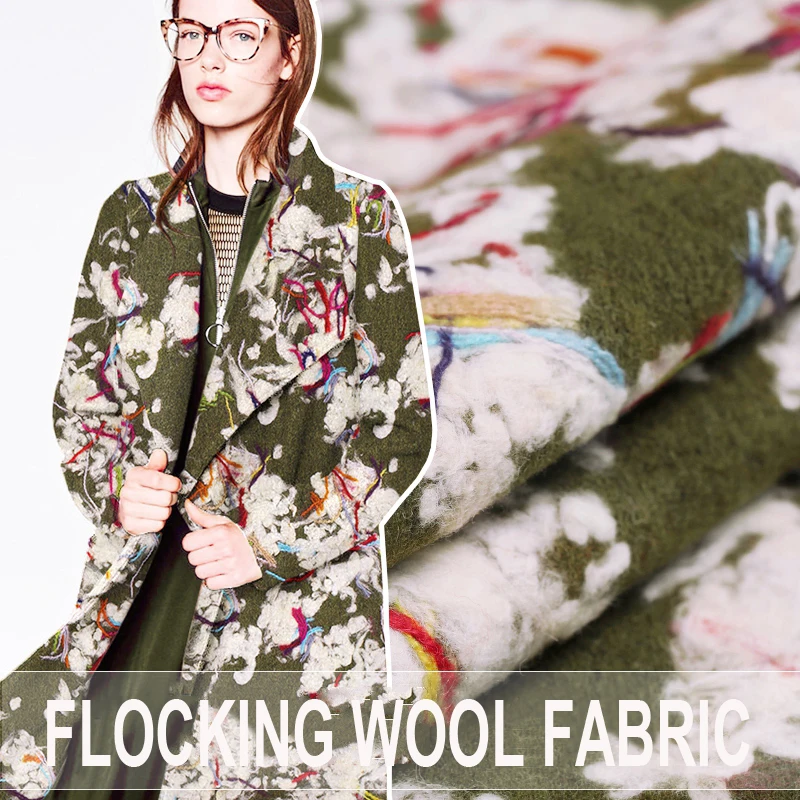 

150CM Wide 560G/M Weight White Floral Green Wool Autumn and Winter Overcoat Outwear Fabric E267