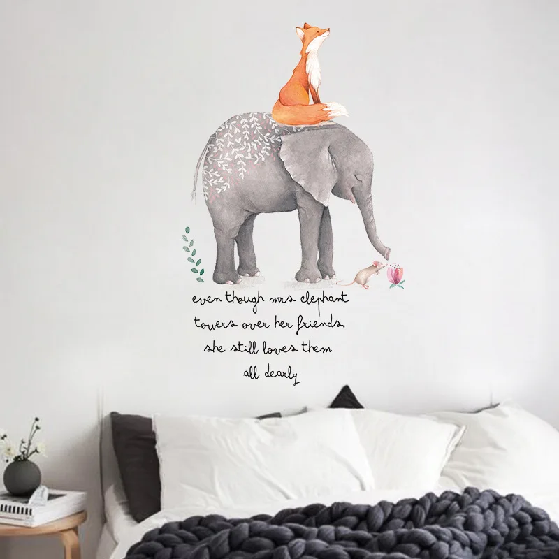 Cartoon animal wall stickers painting cute red fox sitting on elephant letters decorated wall sticker for kids room wall decals