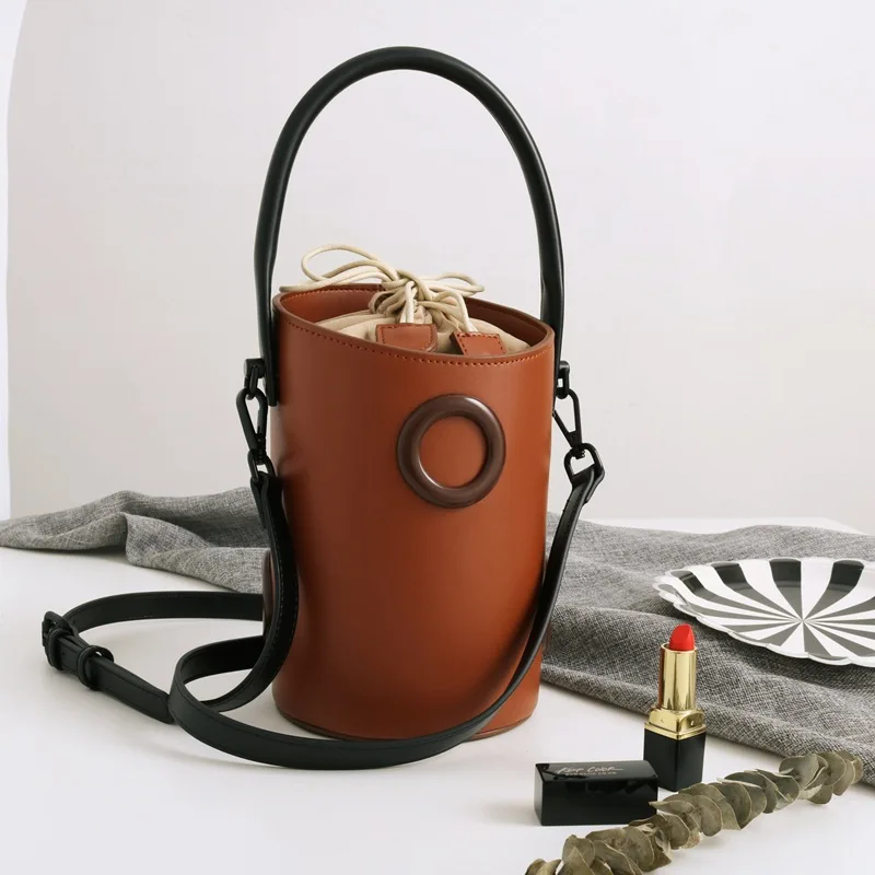 

Vintage Desinger Women Handbag Genuine Leather Bucket Barrel Shaped Lady Retro Chic Purses Top-handle Patchwork Messenger B