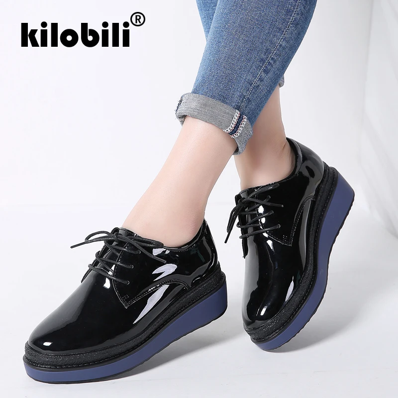 kilobili 2019 Spring women flat platform shoes Brogue Patent Leather
