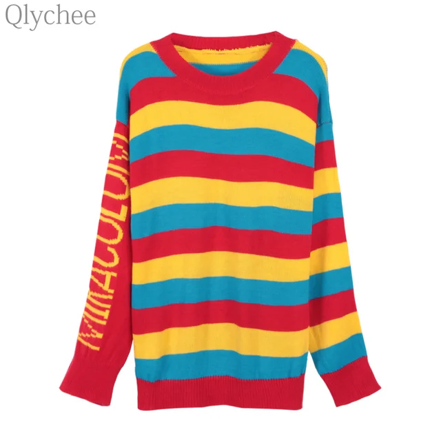 qlychee autumn women cute color block jumper rainbow stripe letter letter sweater