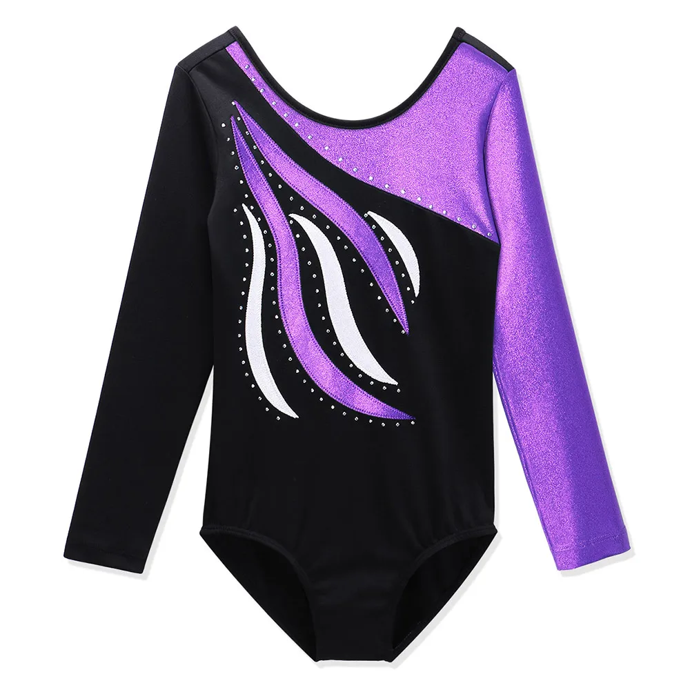 Kids Teens Gymnastics Leotard for Girls Long Sleeve Shiny Rhinestone Gymnastics Costume Jumpsuit