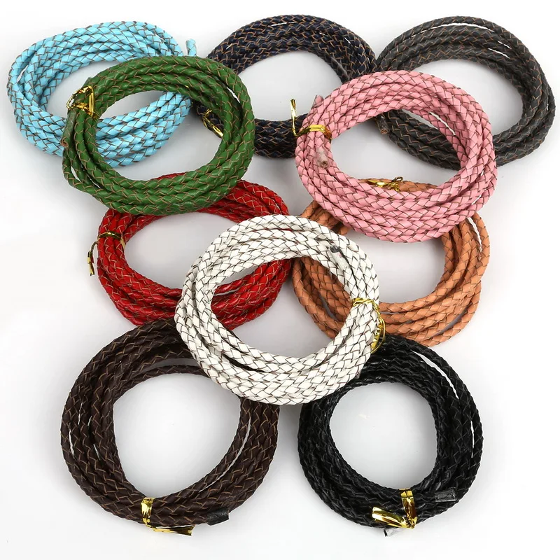 2m 3mm Braided Genuine Leather Cords Rope String Cords For Jewelry
